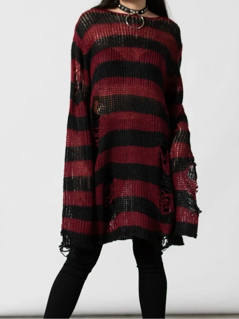 NEW KILLSTAR - Dahlia Knit Distressed Sweater - Black/Wine Size Large